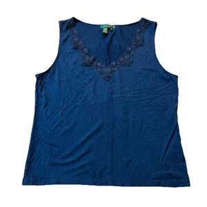 Lauren Ralph Lauren Women's Tank Top XL Blue Lace V Neck Rayon Layering Tank